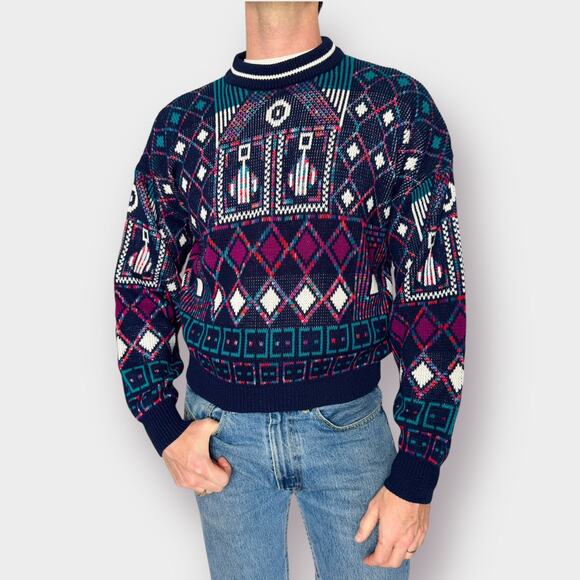 80s McGregor Navy Teal Purple Absract‎ Sweater Size M - Picture 2 of 4